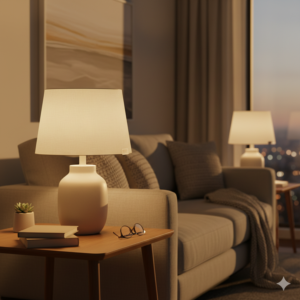 fiesta decorative table lamp – linen shade bedside lamp for warm ambience